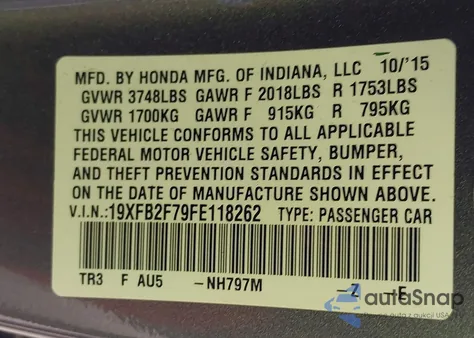 2015 Honda Civic Se from USA, damaged, VIN 19XFB2F79FE118262
